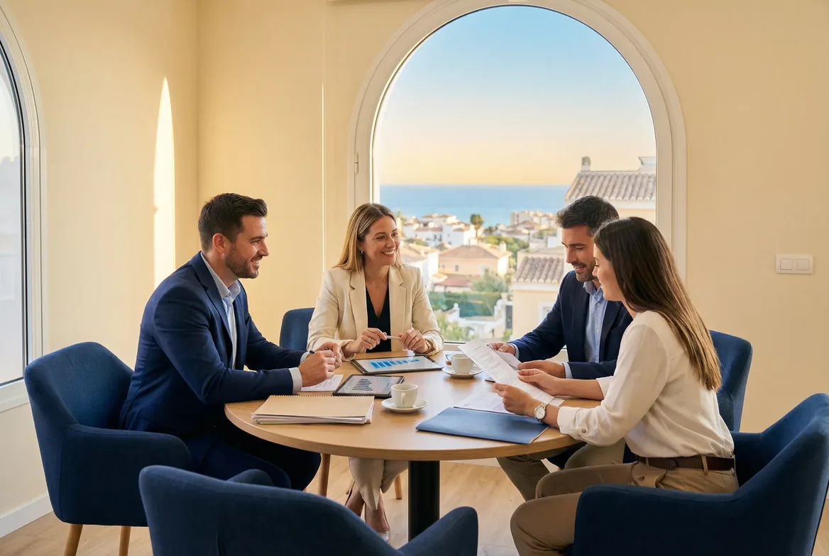 Equipo de brokers hipotecarios e inmobiliarios colaborando